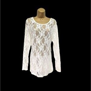 2010s Lace Top XXL Cream Stretch Sheer Layering Romantic Floral Boho Festival